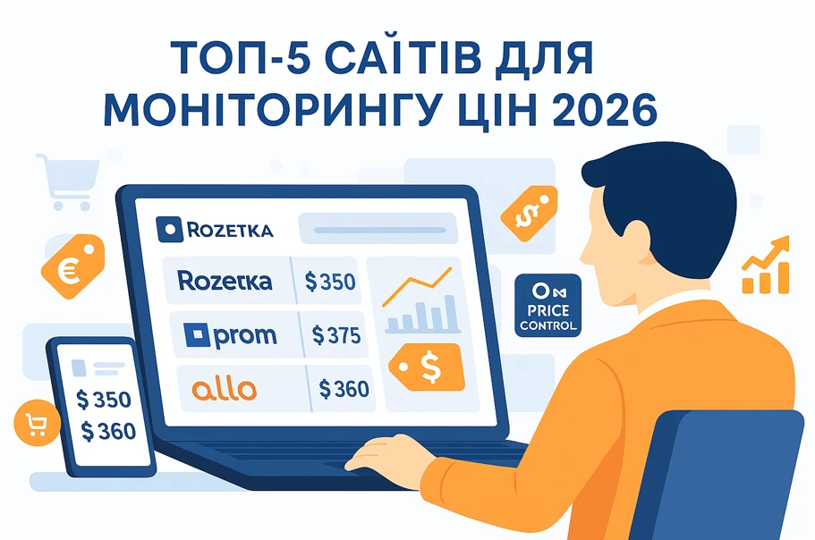 Менеджер порівнює ціни на різних маркетплейсах — на екрані ноутбука таблиця з брендами Rozetka, Prom та Allo, поруч графіки та цінові іконки; заголовок “ТОП-5 сайтів для моніторингу цін 2026”.