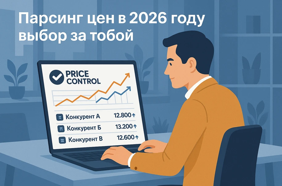 Украинский предприниматель анализирует цены конкурентов в 2026 году — бизнесмен за ноутбуком изучает графики и таблицы на дашборде Price Control в современном офисе e-commerce